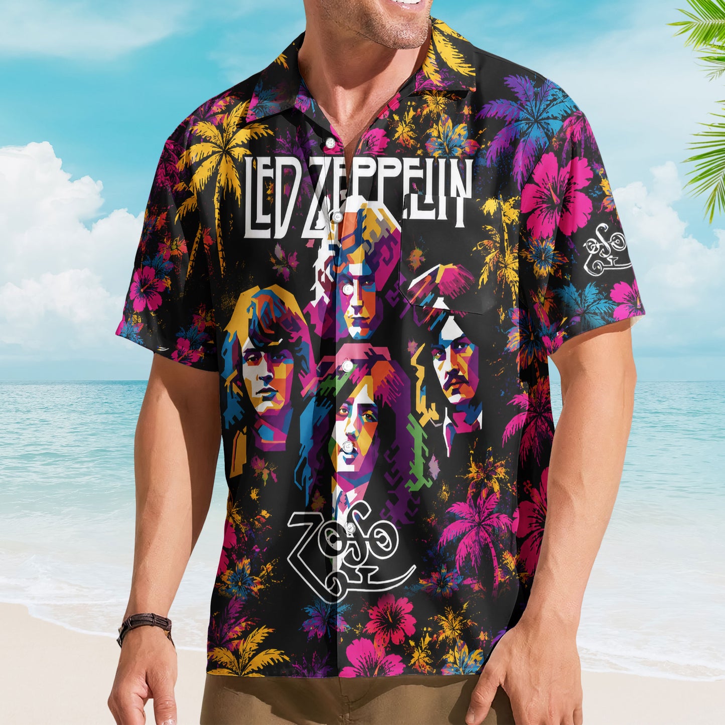 Led Zeppelin Hawaiian Shirt - Unisex Colorful Pop Art Members Portrait Button Up