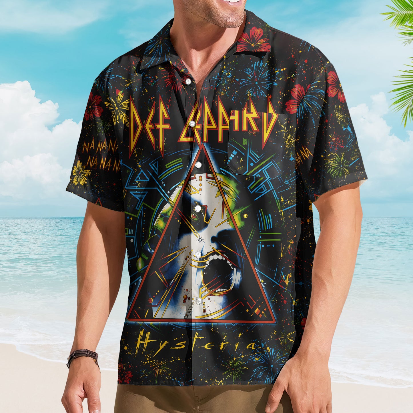 Def Leppard Hysteria Hawaiian Shirt - Unisex Glam Rock Cyber Triangle Black Button Up