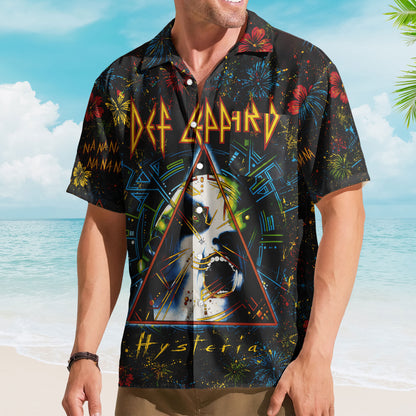 Def Leppard Hysteria Hawaiian Shirt - Unisex Glam Rock Cyber Triangle Black Button Up