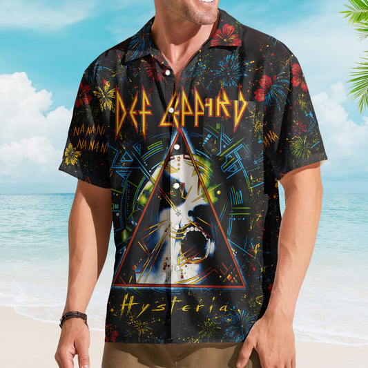 Def Leppard Hysteria Hawaiian Shirt - Unisex Glam Rock Cyber Triangle Black Button Up