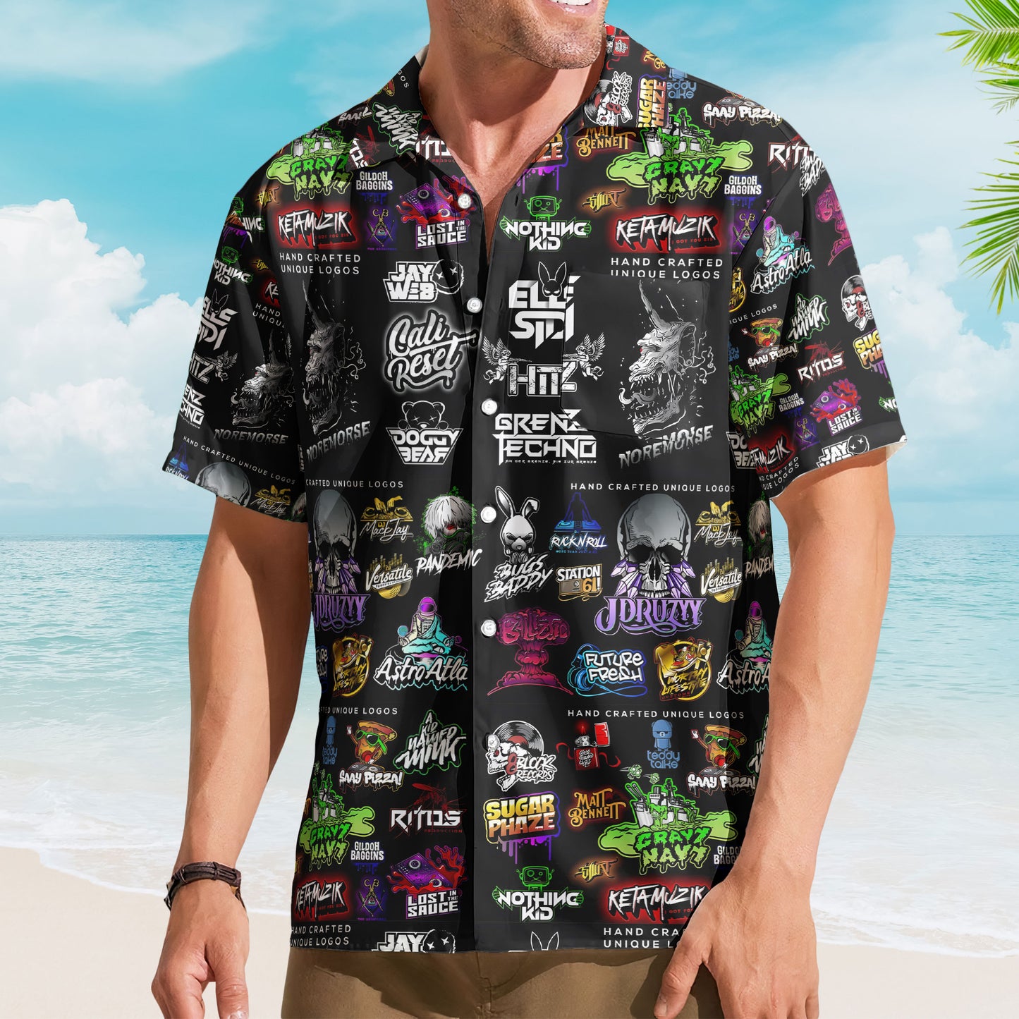 Electronic Music Hawaiian Shirt – Unisex Retro Grenz Techno Neon Graphic Collage Button Up