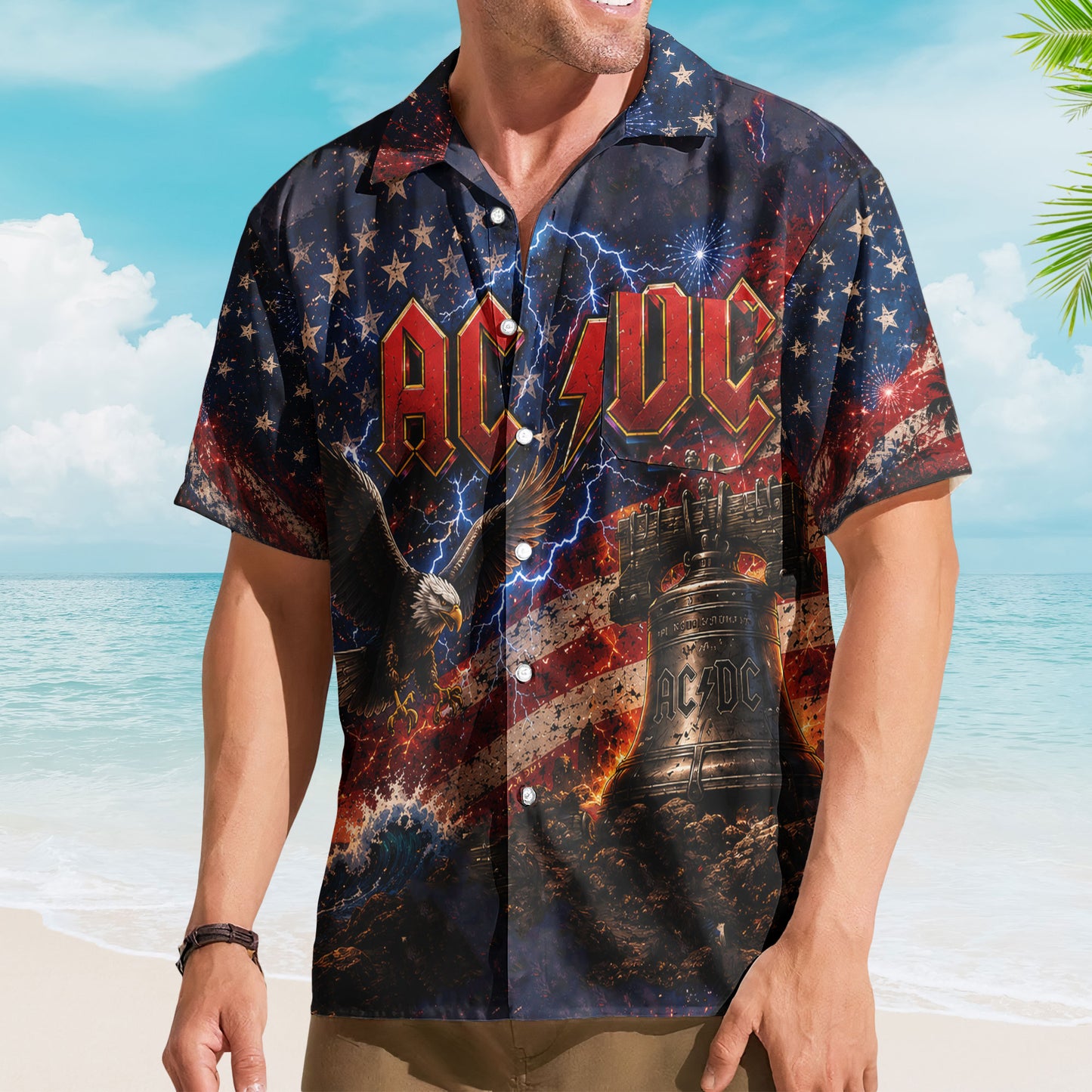 AC/DC Hawaiian Shirt - Unisex Hells Bells American Eagle Lightening Button Up