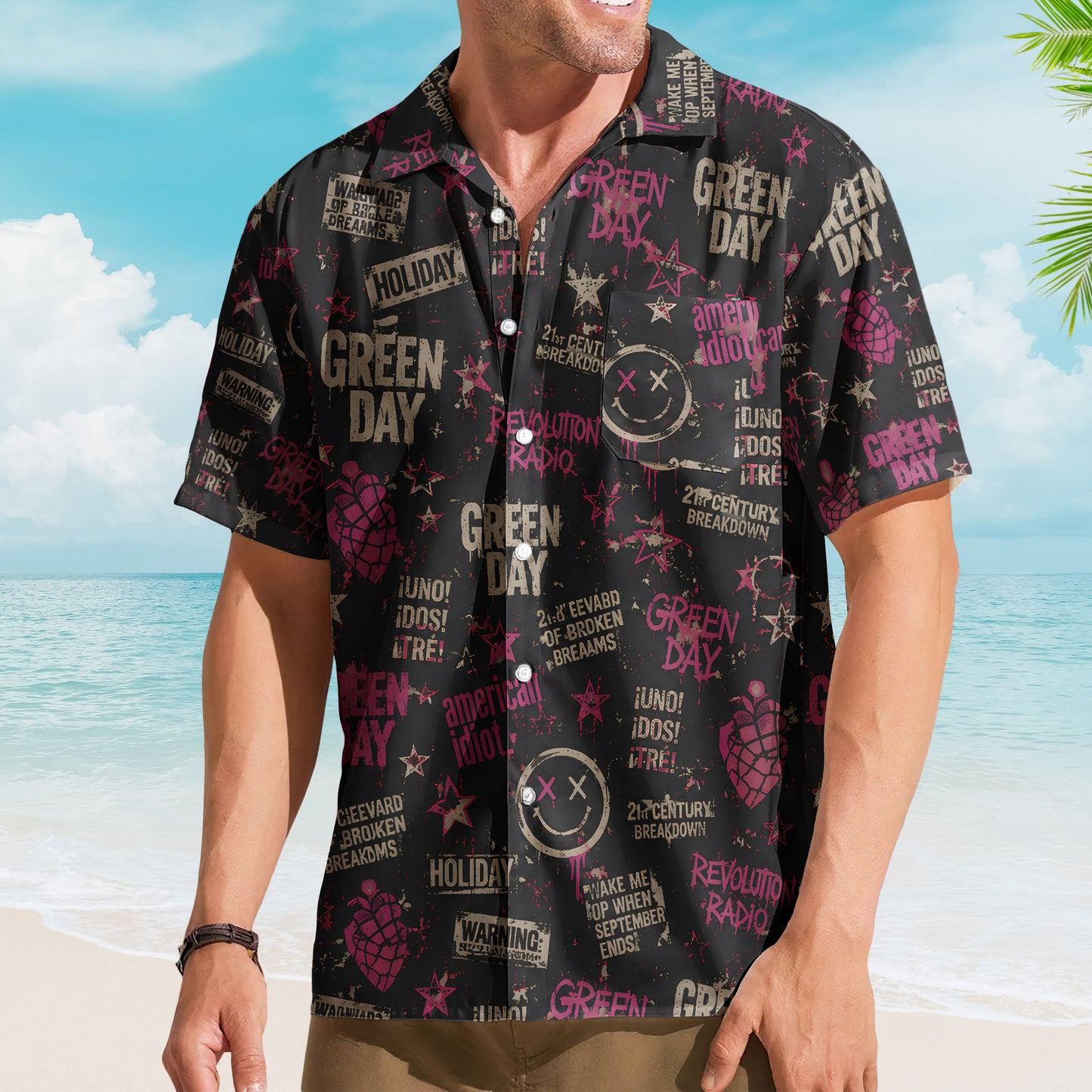 Green Day Hawaiian Shirt – Unisex Punk Rock American Idiot Pink Heart Button Up