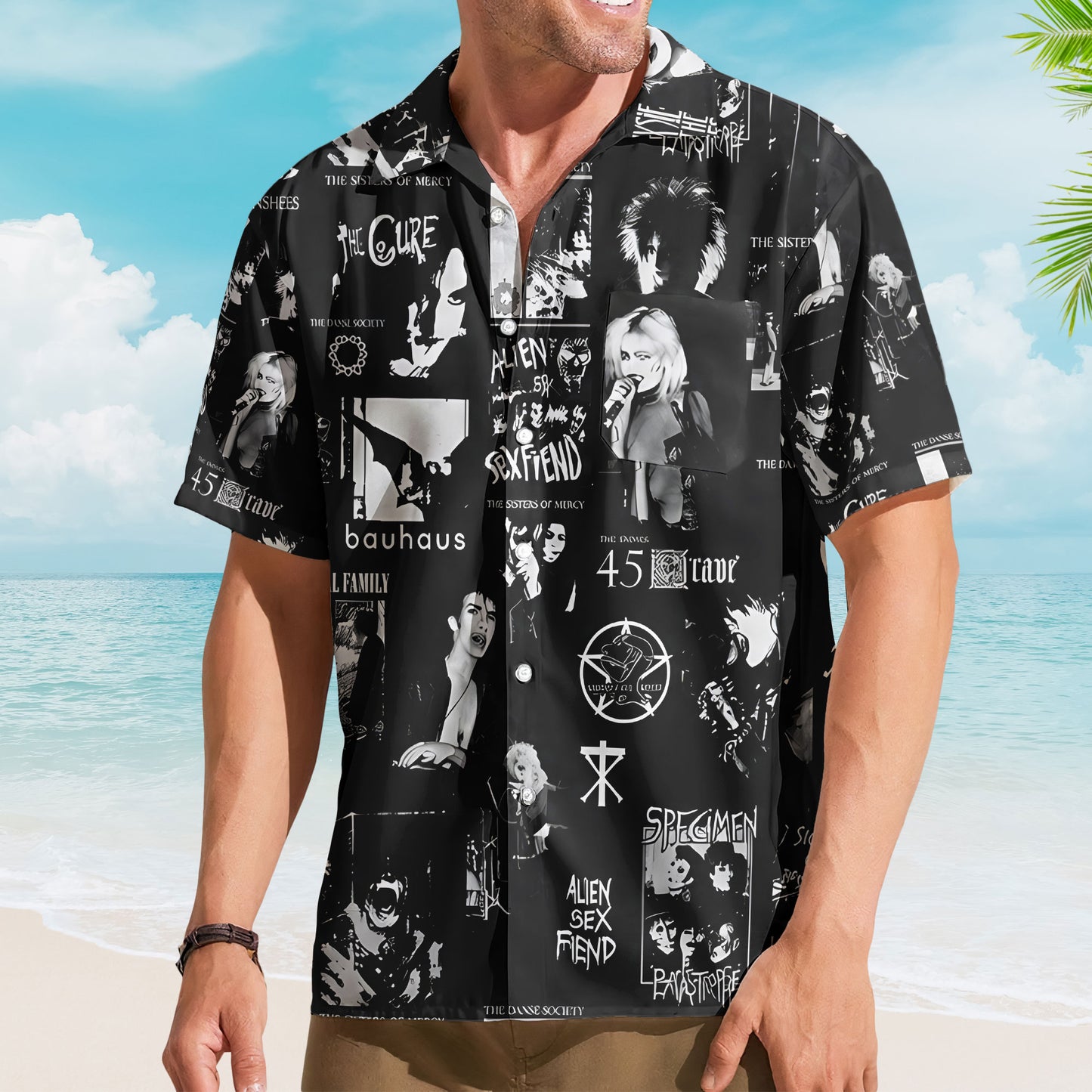 1980s Rock Hawaiian Shirt - Unisex The Cure Bauhaus Siouxsie All-Over Print Button Up