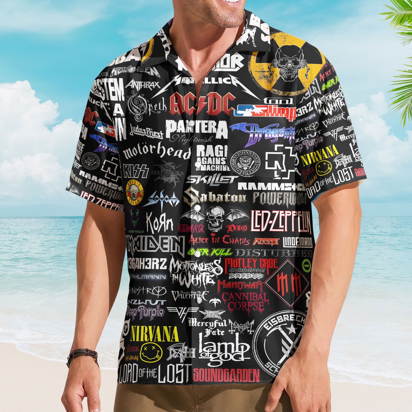 Metal Legends Hawaiian Shirt – Ultimate Heavy Rock Band AC/DC Nirvana Led Zeppelin Logo Collage