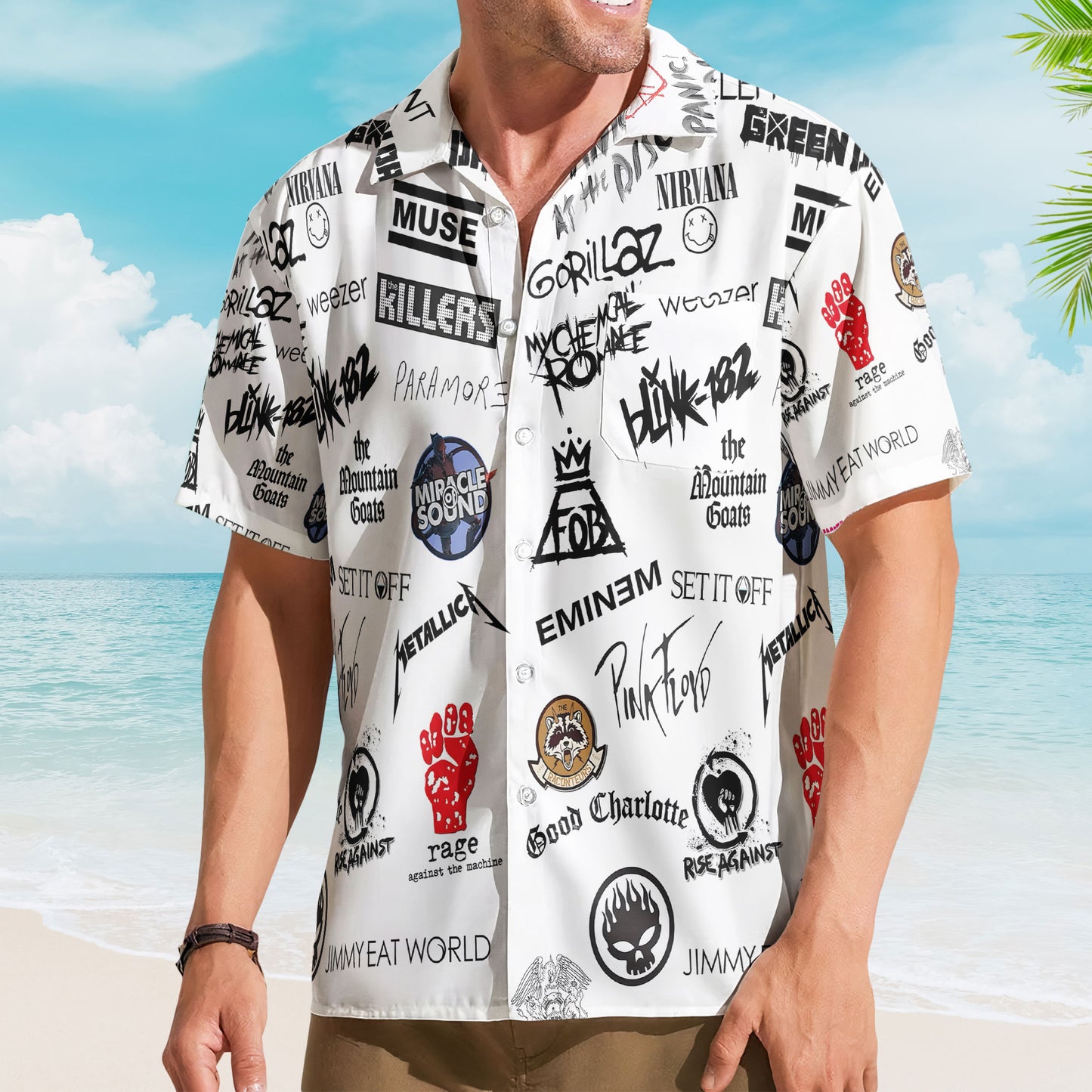 Rock Band Logo Collage Hawaiian Shirt – Unisex Retro White Blink-182 Pink Floyd Eminem Summer Button Up