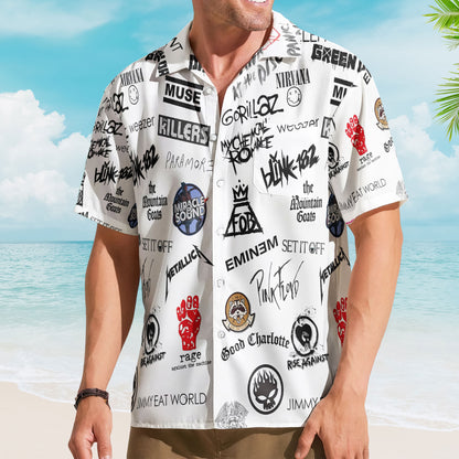 Rock Band Logo Collage Hawaiian Shirt – Unisex Retro White Blink-182 Pink Floyd Eminem Summer Button Up