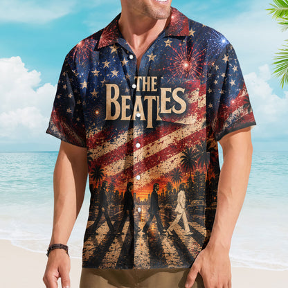 The Beatles Hawaiian Shirt - Unisex Retro American Flag Vintage Patriotic Stars Button Up