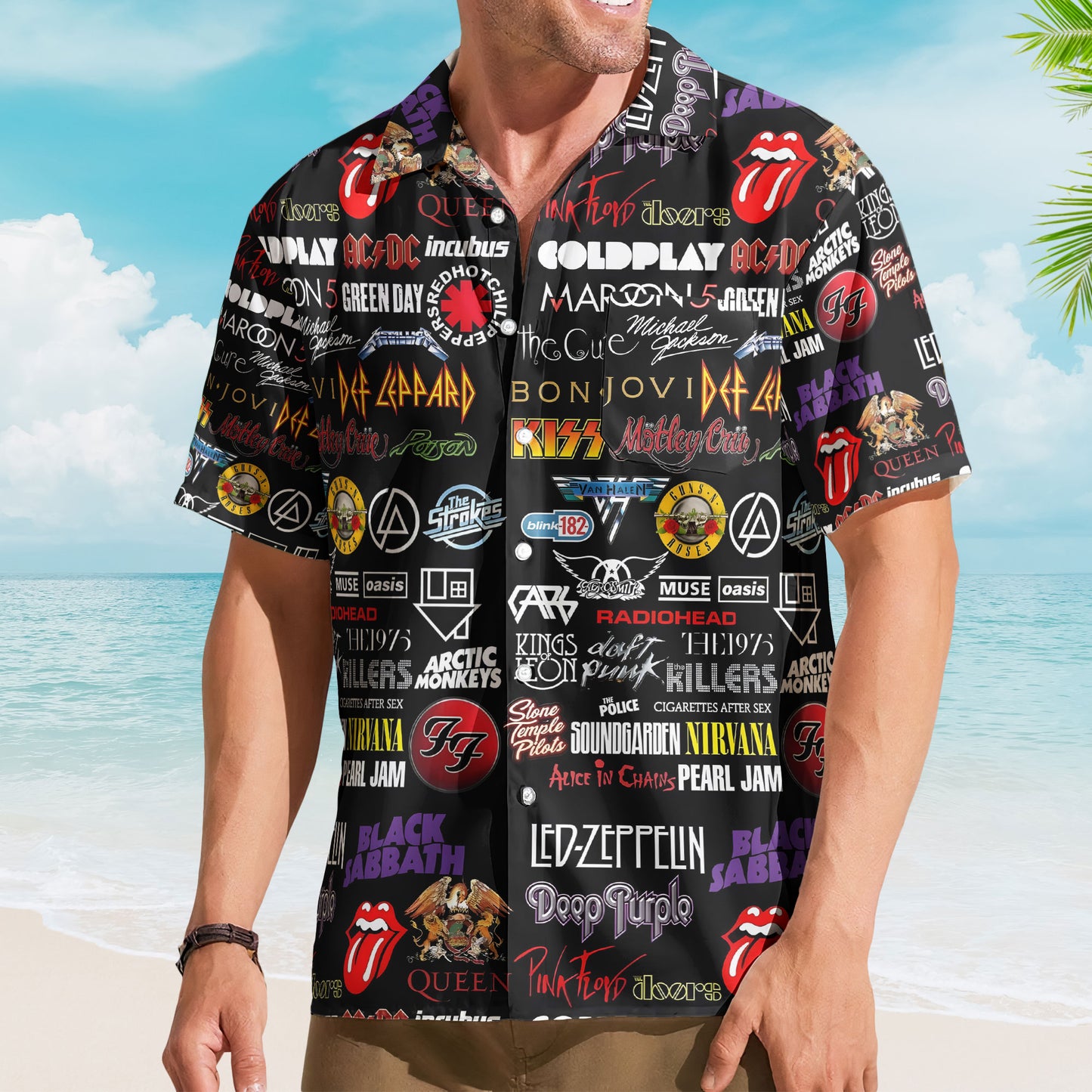 Classic Rock Legends Hawaiian Shirt – Iconic Band Logo Collage Edition