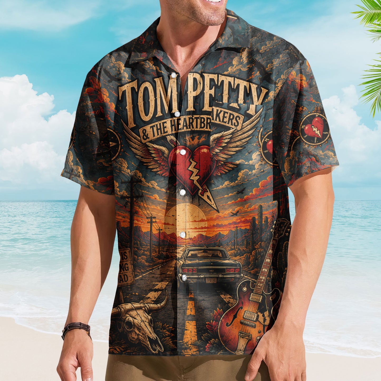 Tom Petty Hawaiian Shirt - Unisex The Heartbreakers Winged Heart Black Button Up