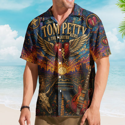 Tom Petty Stained Glass Hawaiian Shirt - Unisex The Heartbreakers Winged Heart Button Up