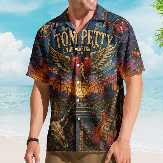 Tom Petty Stained Glass Hawaiian Shirt - Unisex The Heartbreakers Winged Heart Button Up