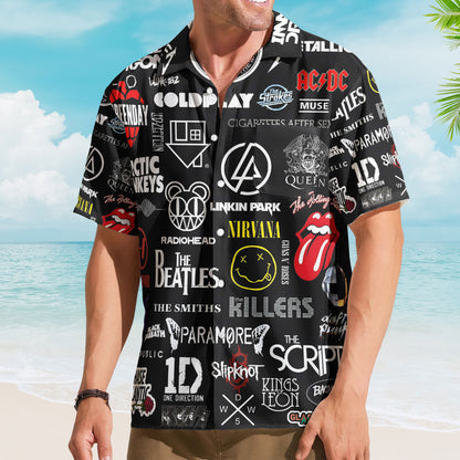 Rock Band Logo Collage Hawaiian Shirt – Unisex The Beatles The Rolling Stones Paramore Summer Button Up Shirt