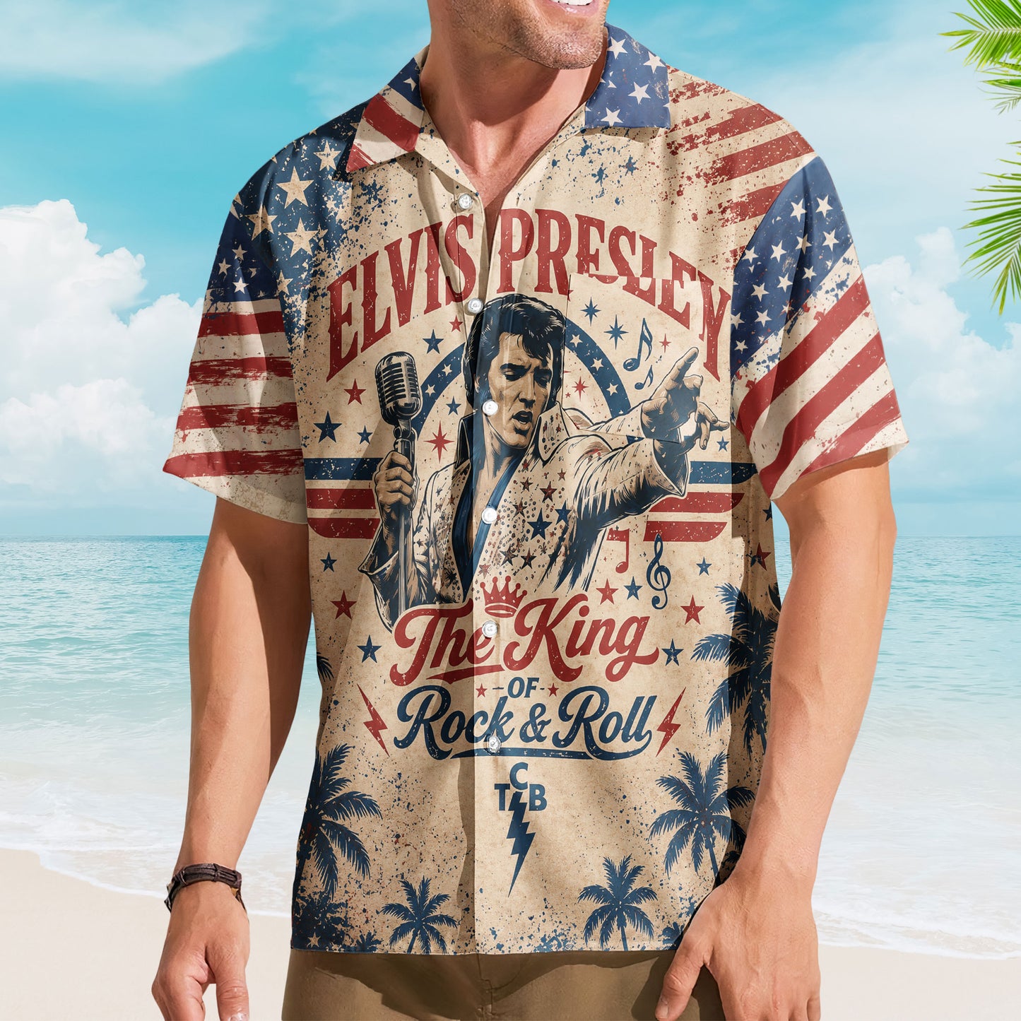 Elvis Presley Hawaiian Shirt - Unisex TCB Lightning Bolt Vintage Patriotic Stars Button Up