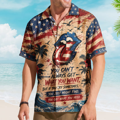 The Rolling Stones Hawaiian Shirt - Unisex Tongue And Lips American Flag Button Up