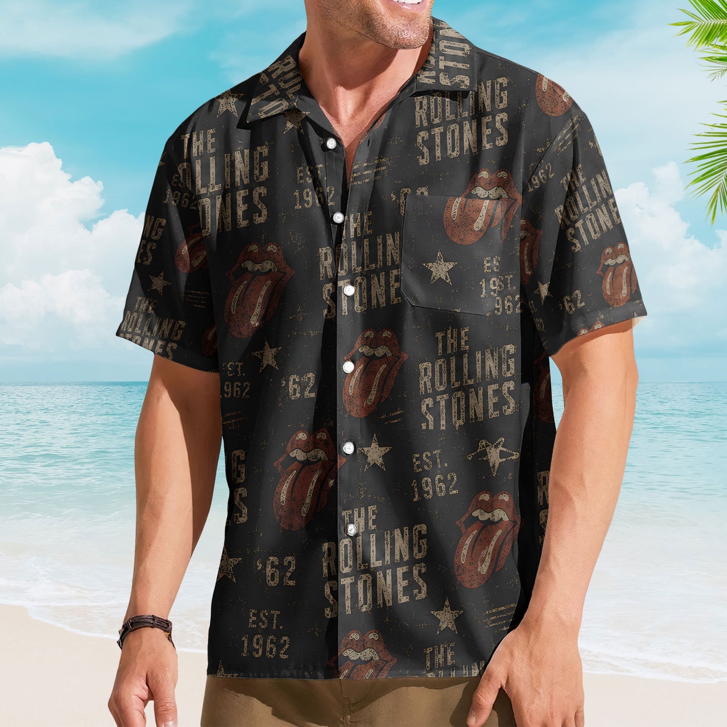 The Rolling Stones Hawaiian Shirt – Unisex Classic Rock Tongue Logo Black Button Up