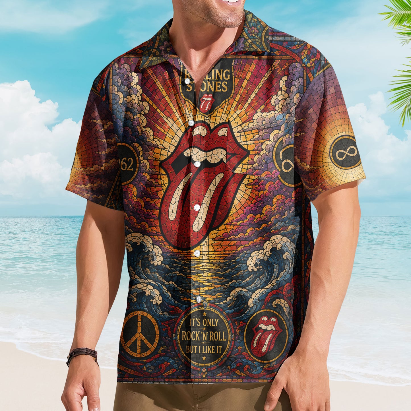 The Rolling Stones Stained Glass Hawaiian Shirt - Unisex Tongue And Lips Button Up