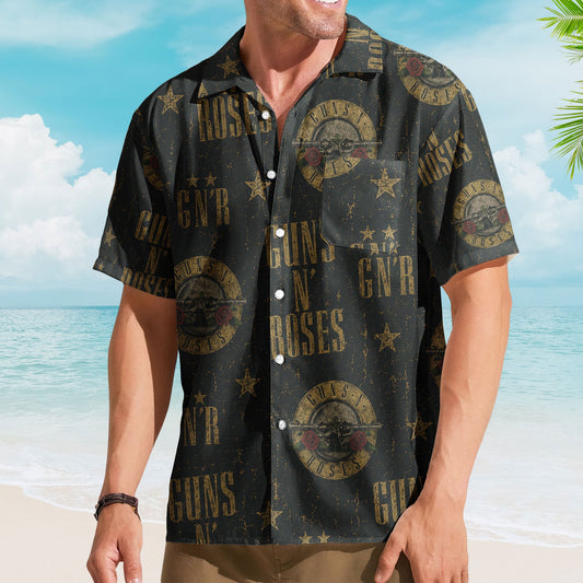 Guns N Roses Hawaiian Shirt - Unisex Hard Rock Bullet Logo Black Button Up
