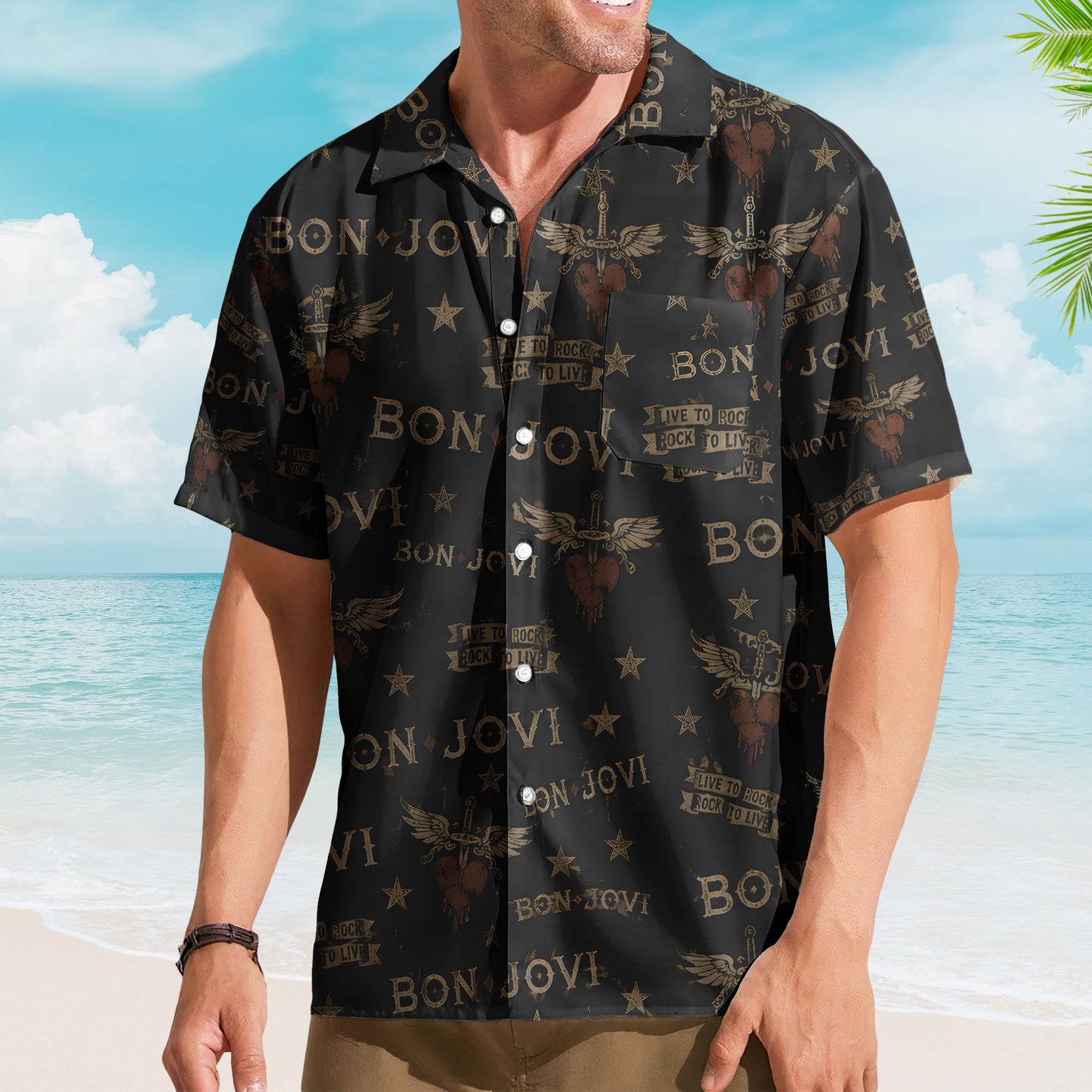 Bon Jovi Hawaiian Shirt - Unisex Glam Metal Heart Dagger Black Button Up