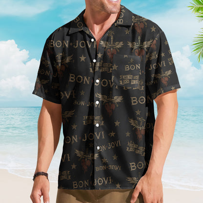 Bon Jovi Hawaiian Shirt - Unisex Glam Metal Heart Dagger Black Button Up