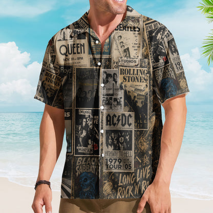 Classic Rock Legends Poster Hawaiian Shirt – Vintage Concert Poster Collage Aloha Shirt