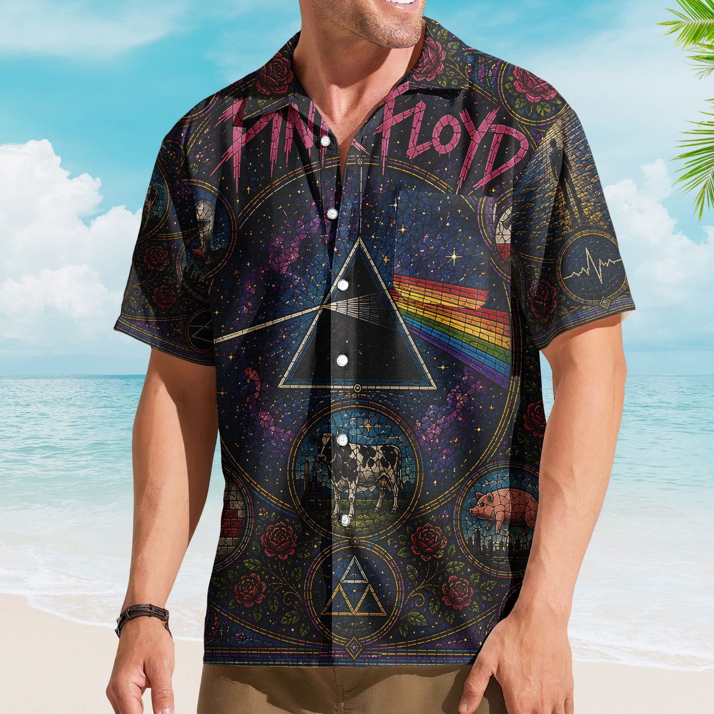 Pink Floyd Hawaiian Shirt – Unisex Retro Dark Side Of The Moon Cathedral Window Button Up