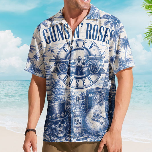 Guns N Roses Toile De Jouy Hawaiian Shirt - Unisex Bullet Logo Slash Skull Fan Gifts Rock Merch