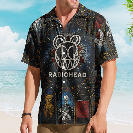 Radiohead Hawaiian Shirt – Unisex Retro Kid A Modified Bear Cathedral Window Button Up