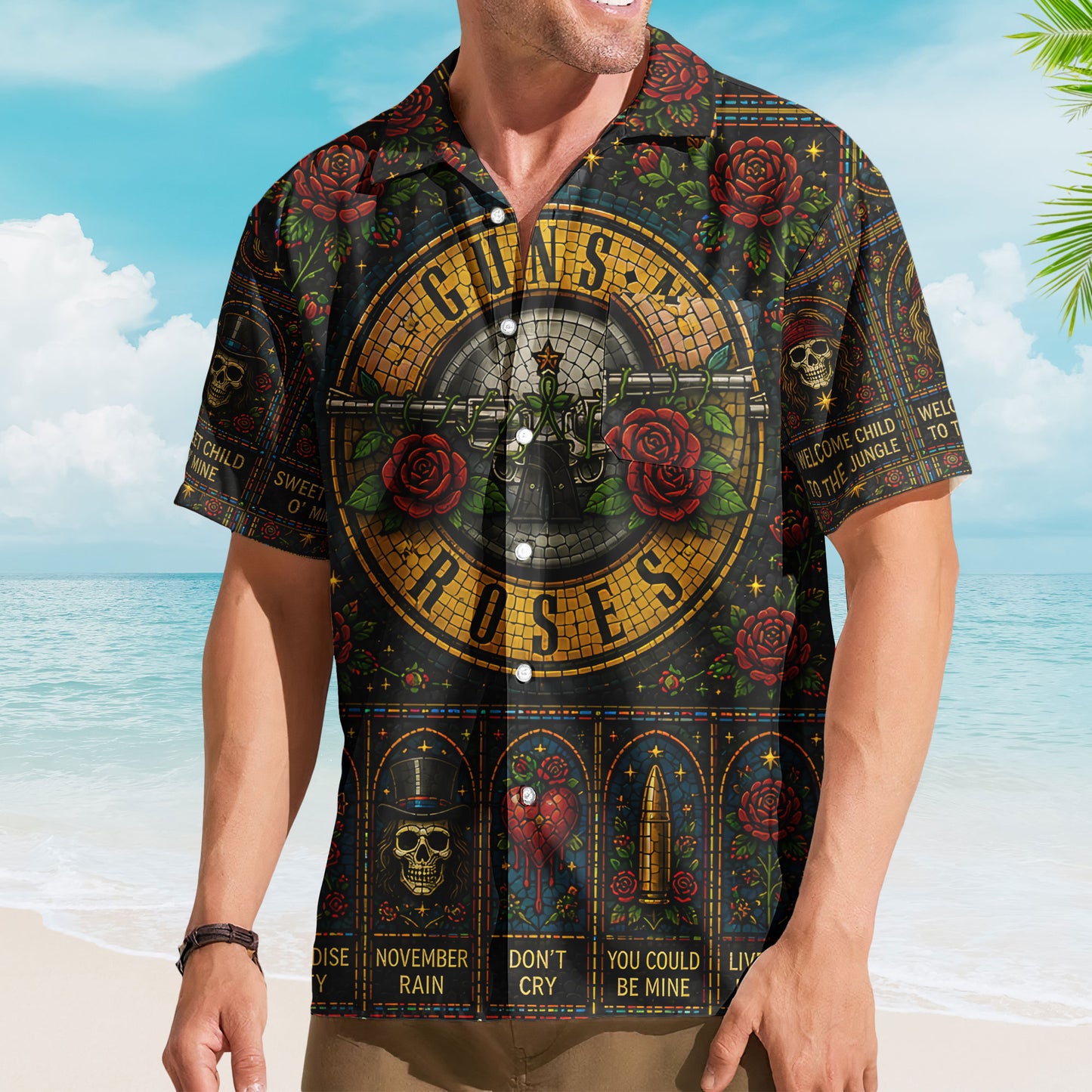 Guns N Roses Stained Glass Hawaiian Shirt - Unisex Hard Rock Bullet Logo Button Up