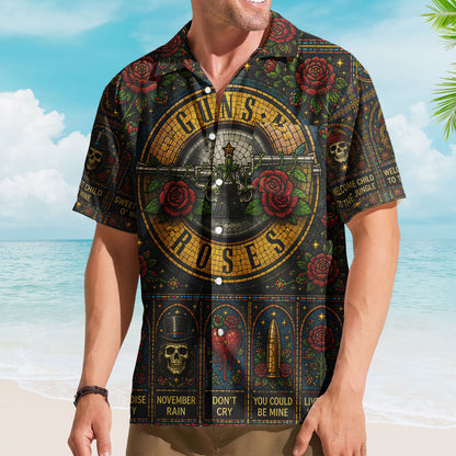 Guns N Roses Stained Glass Hawaiian Shirt - Unisex Hard Rock Bullet Logo Button Up