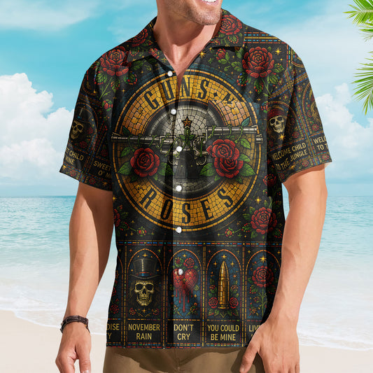 Guns N Roses Stained Glass Hawaiian Shirt - Unisex Hard Rock Bullet Logo Button Up