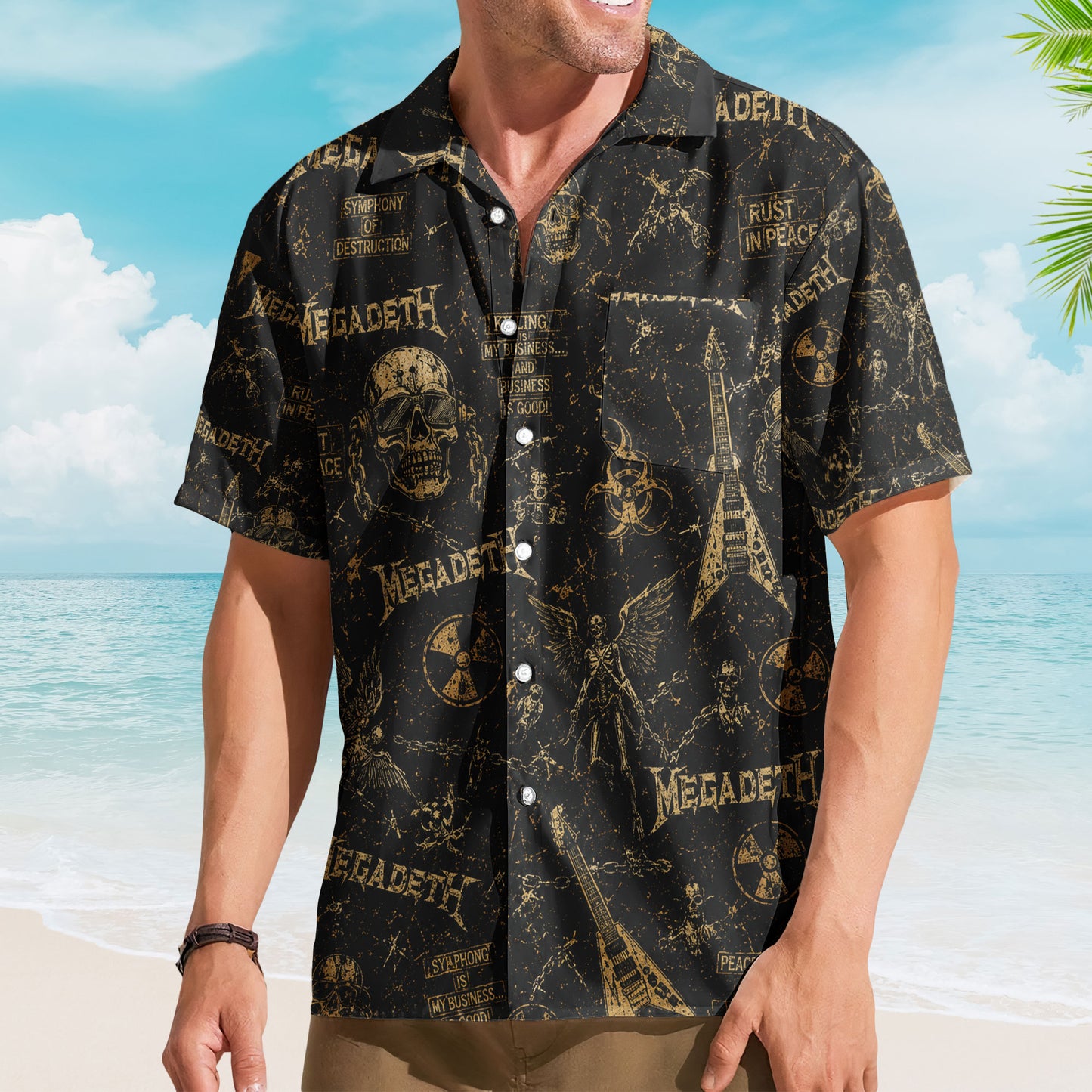 Vintage Megadeth Hawaiian Shirt - Unisex Vic Rattlehead Flying V Summer Button Up
