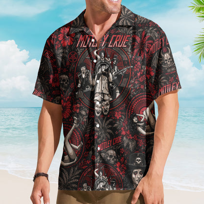 Motley Crue Hawaiian Shirt - Unisex Theater Of Pain Dark Tropical Print Button Up