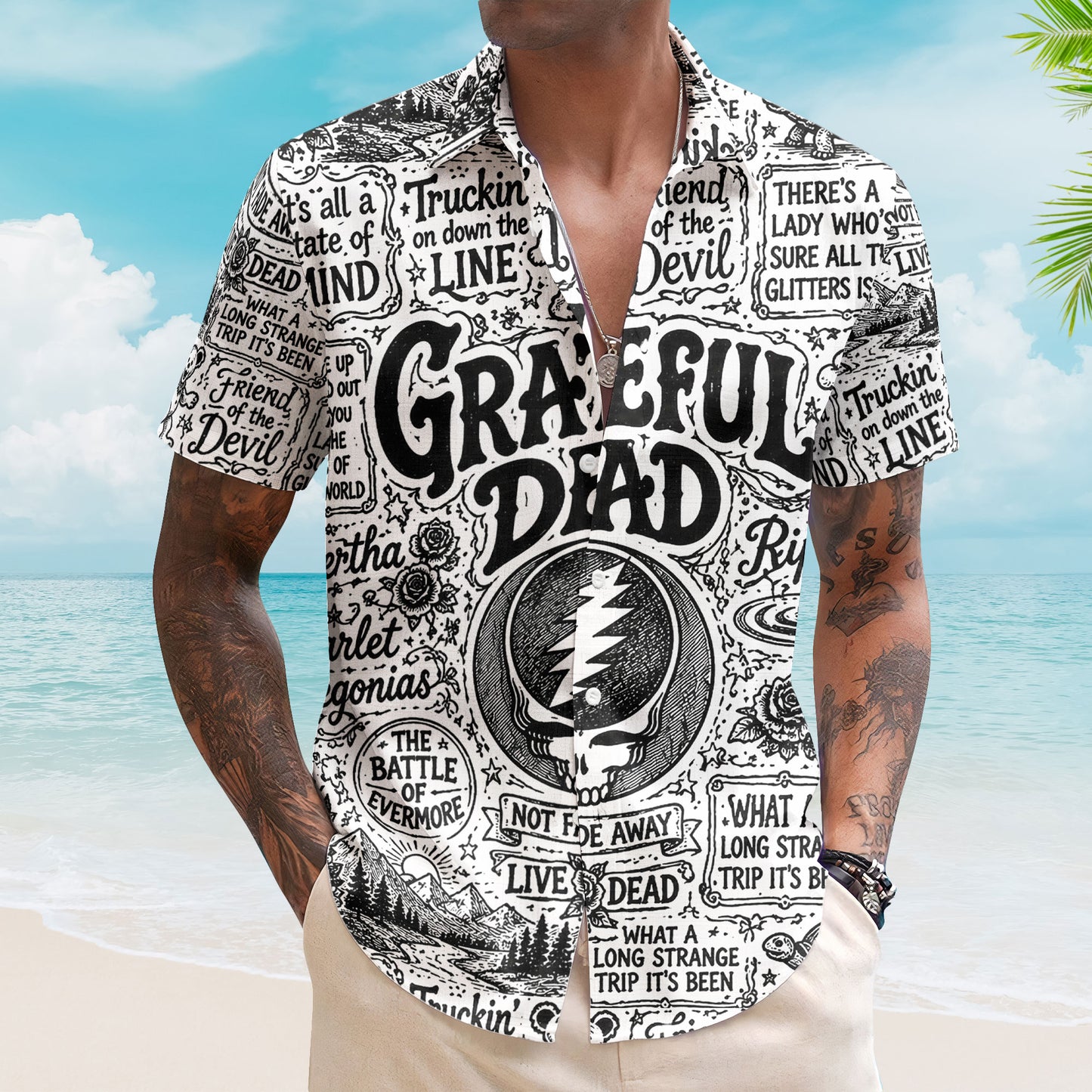 Grateful Dead Hawaiian Shirt - Unisex Steal Your Face Black White Sketch Button Up