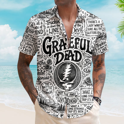 Grateful Dead Hawaiian Shirt - Unisex Steal Your Face Black White Sketch Button Up