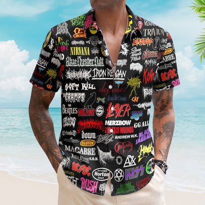 Rock Band Logos Hawaiian Shirt - Unisex 80s Synth Pop Alternative Rock Collage Button Up