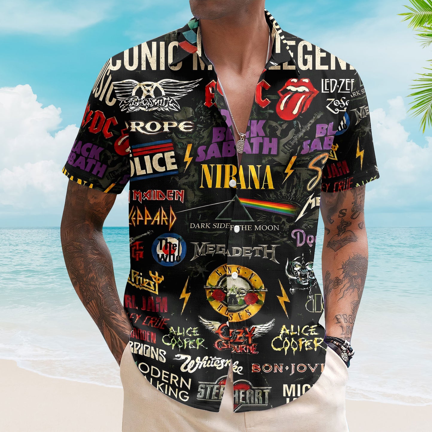 Hard Rock Band Collage Hawaiian Shirt – Unisex Retro Pink Floyd Guns N Roses Merch