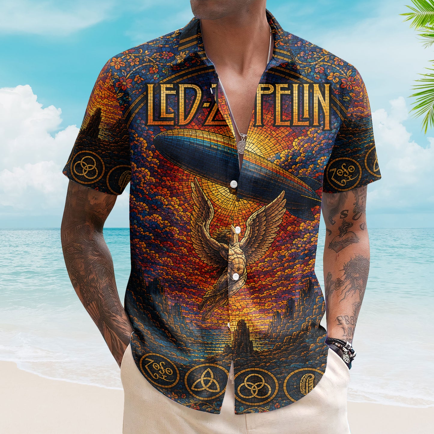 Led Zeppelin Stained Glass Hawaiian Shirt - Unisex Swan Song Angel Button Up