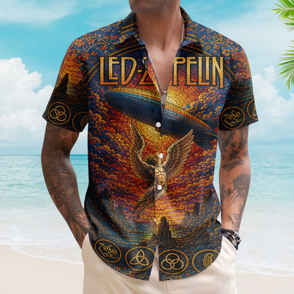 Led Zeppelin Stained Glass Hawaiian Shirt - Unisex Swan Song Angel Button Up