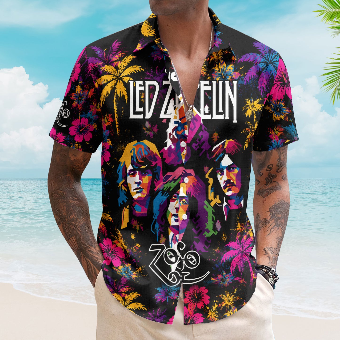 Led Zeppelin Hawaiian Shirt - Unisex Colorful Pop Art Members Portrait Button Up