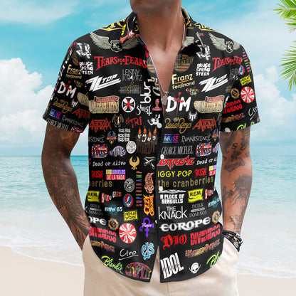 Classic Rock Multi Band Hawaiian Shirt – Unisex Alternative Rock Summer Button Up - Rush Depeche Mode Merch