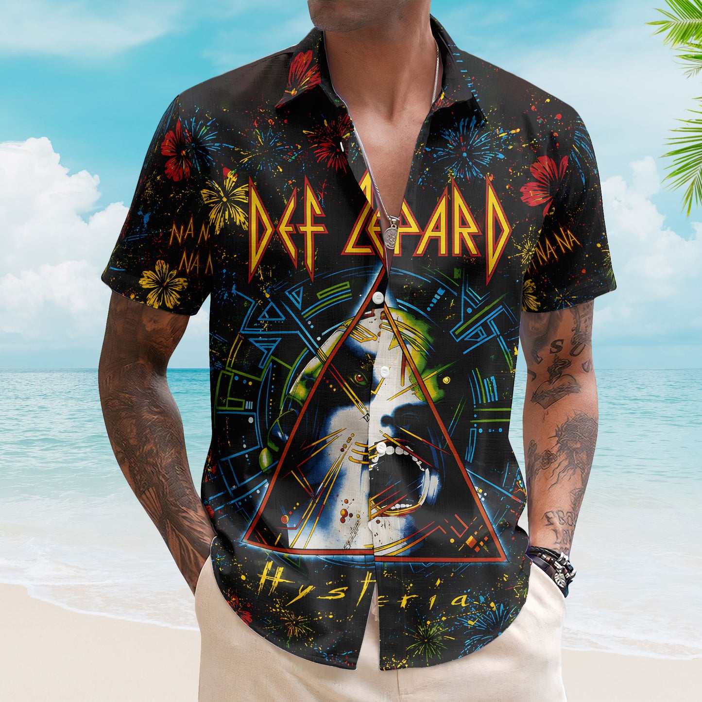 Def Leppard Hysteria Hawaiian Shirt - Unisex Glam Rock Cyber Triangle Black Button Up