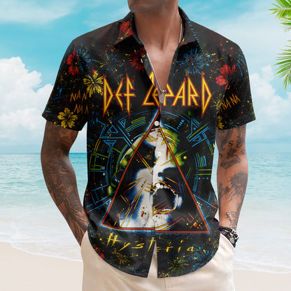 Def Leppard Hysteria Hawaiian Shirt - Unisex Glam Rock Cyber Triangle Black Button Up