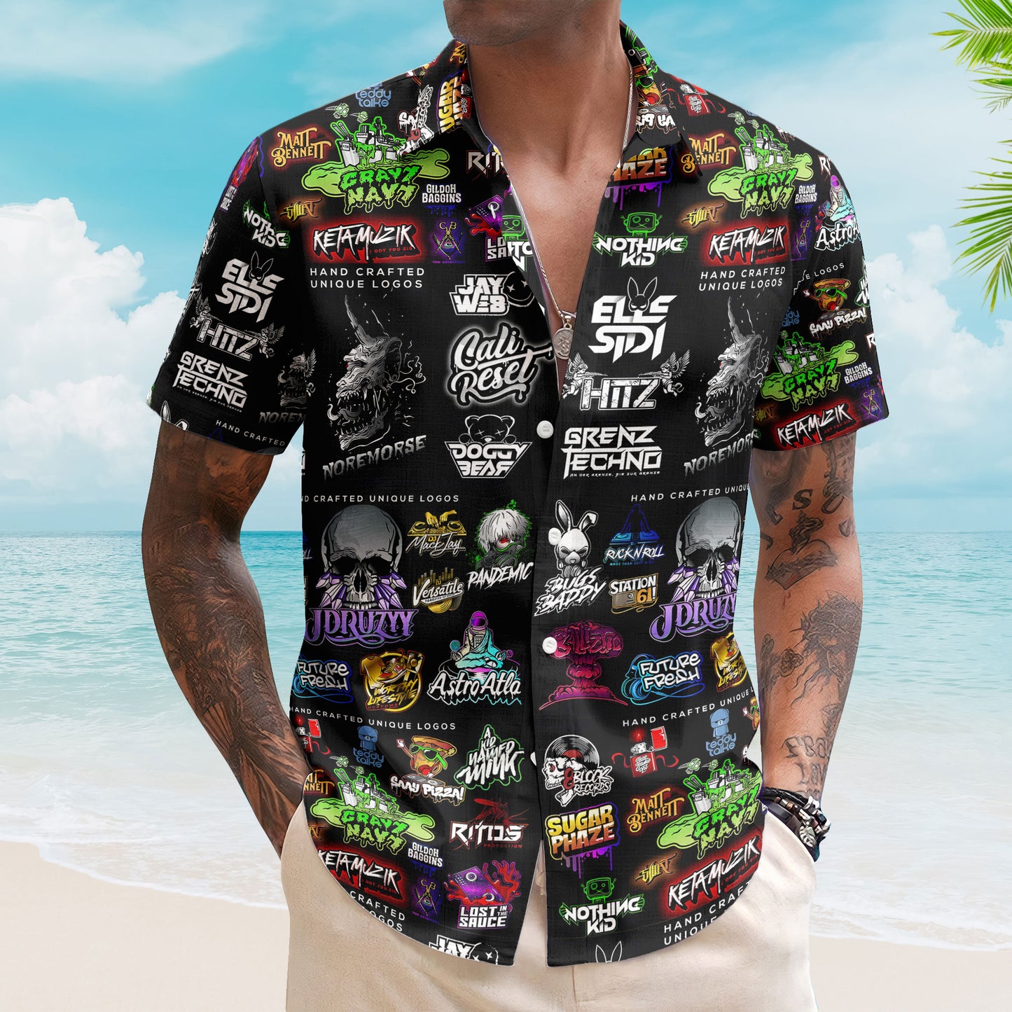Electronic Music Hawaiian Shirt – Unisex Retro Grenz Techno Neon Graphic Collage Button Up