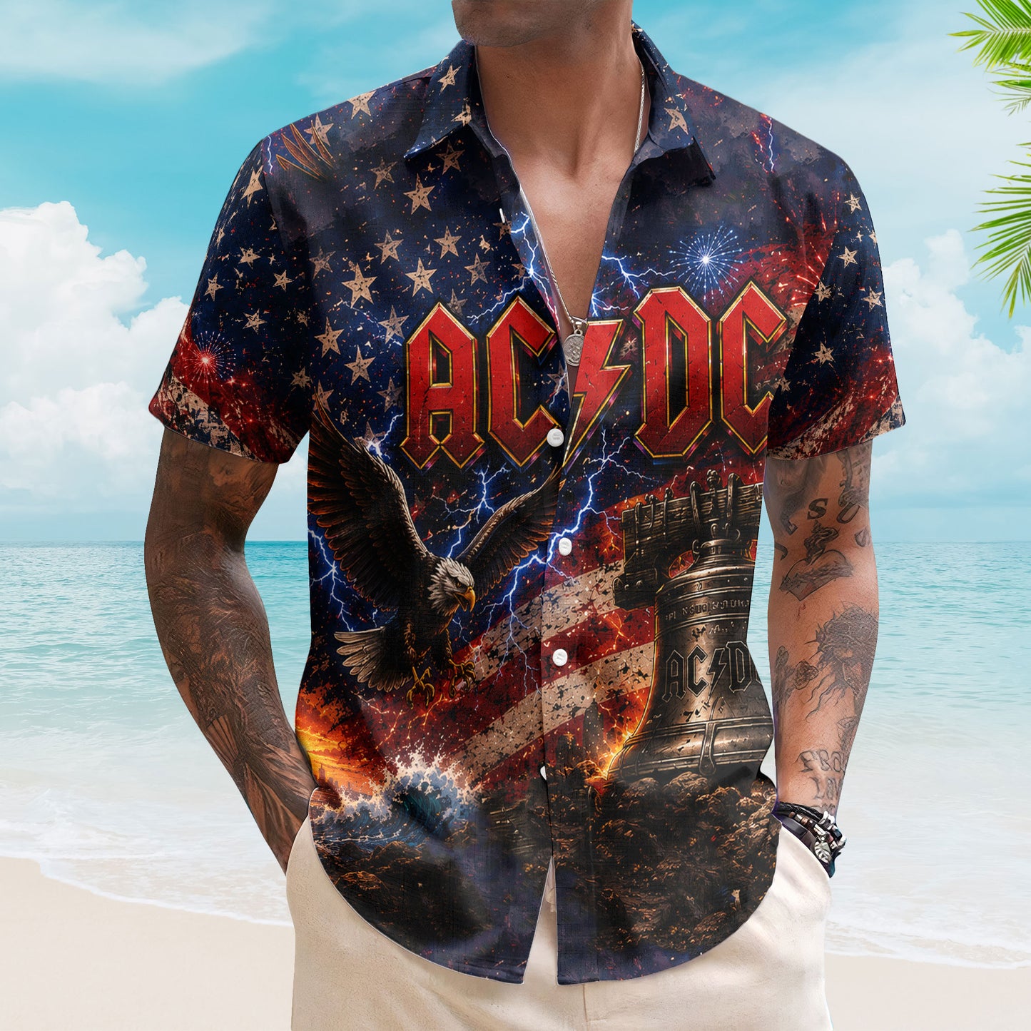 AC/DC Hawaiian Shirt - Unisex Hells Bells American Eagle Lightening Button Up