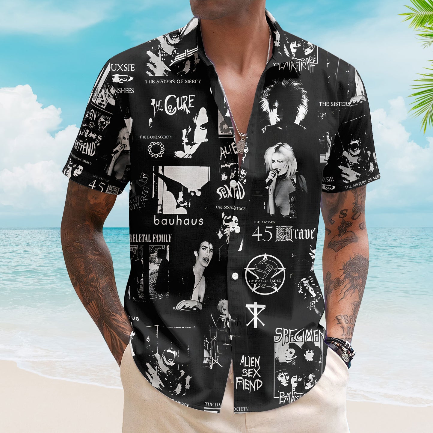 1980s Rock Hawaiian Shirt - Unisex The Cure Bauhaus Siouxsie All-Over Print Button Up
