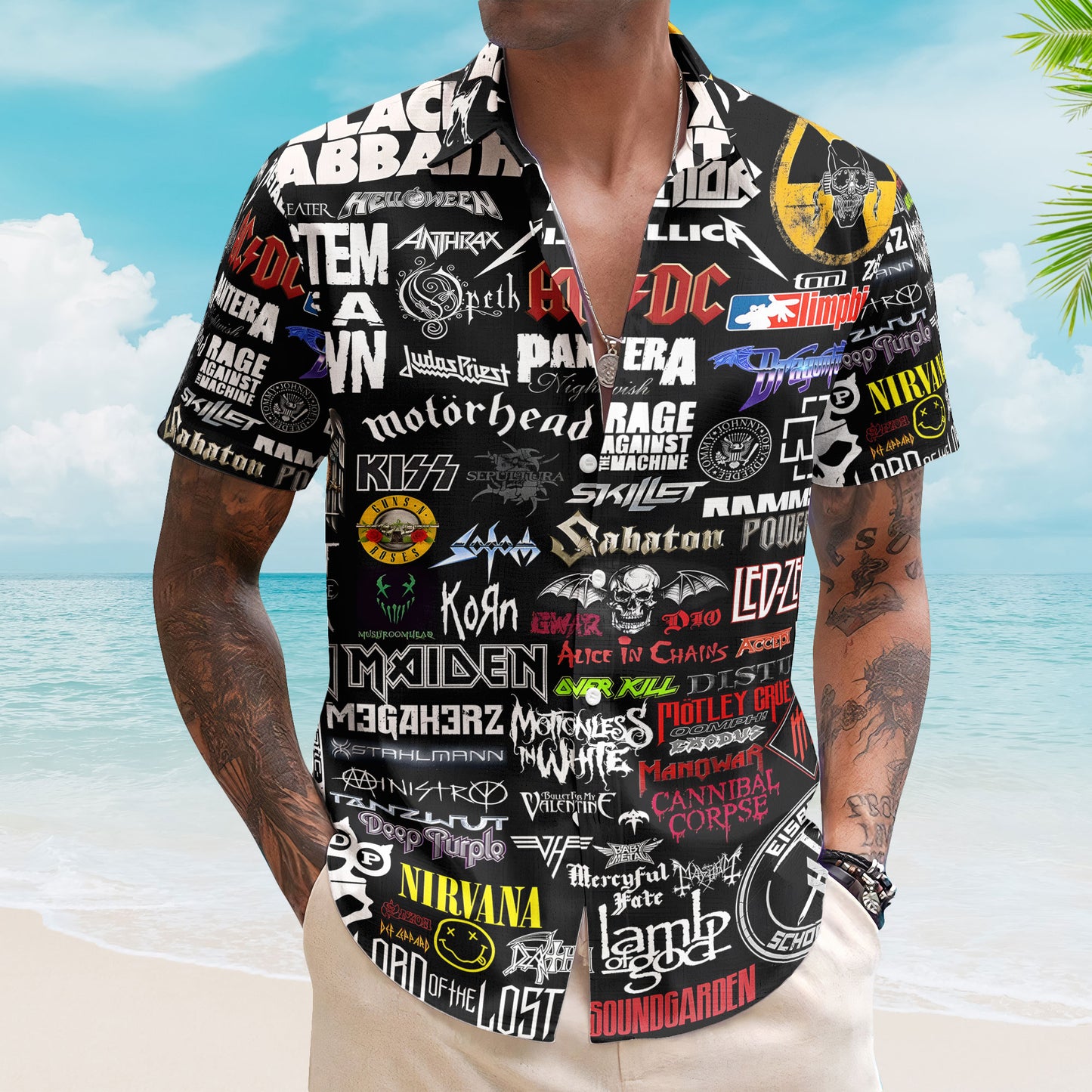 Metal Legends Hawaiian Shirt – Ultimate Heavy Rock Band AC/DC Nirvana Led Zeppelin Logo Collage