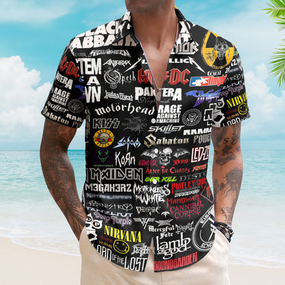 Metal Legends Hawaiian Shirt – Ultimate Heavy Rock Band AC/DC Nirvana Led Zeppelin Logo Collage