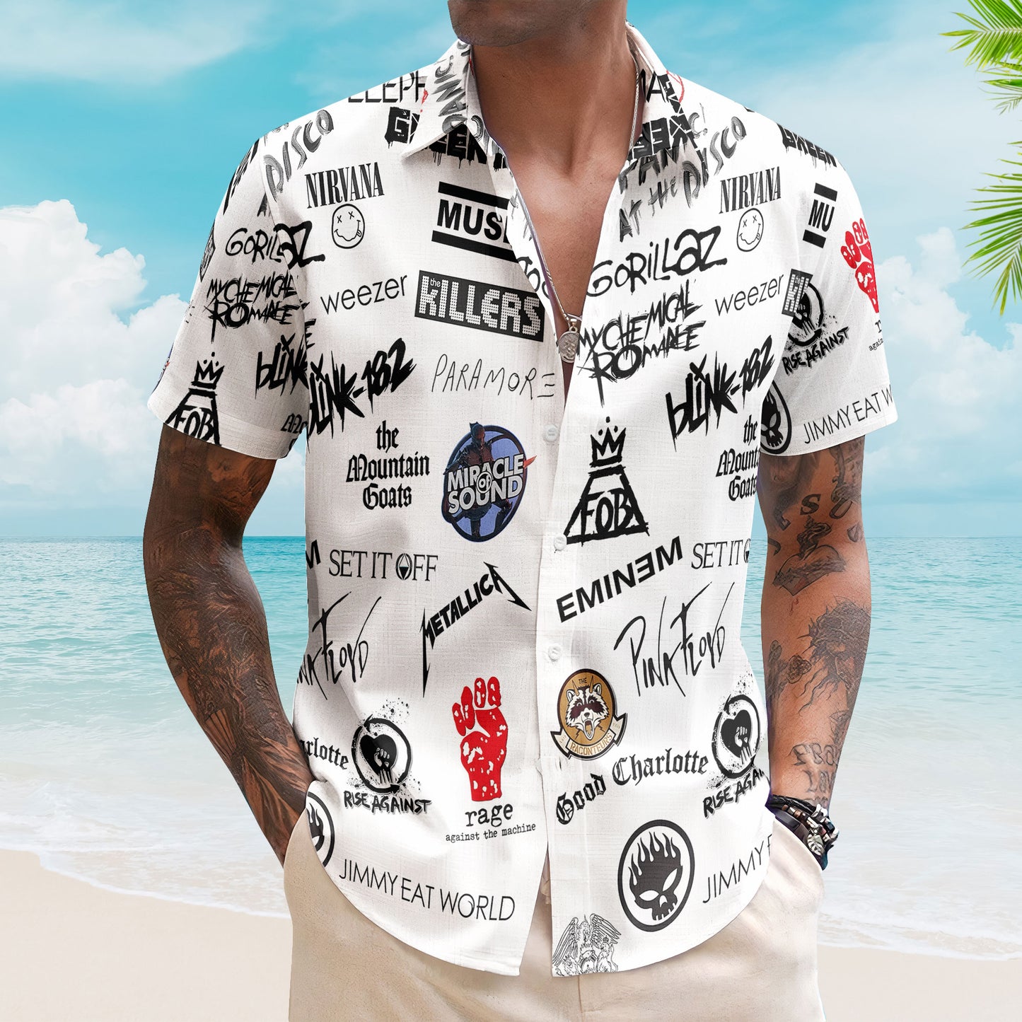 Rock Band Logo Collage Hawaiian Shirt – Unisex Retro White Blink-182 Pink Floyd Eminem Summer Button Up
