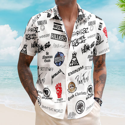 Rock Band Logo Collage Hawaiian Shirt – Unisex Retro White Blink-182 Pink Floyd Eminem Summer Button Up